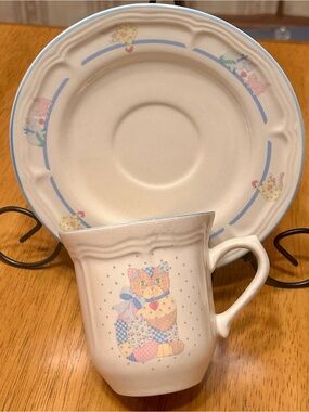 Tienshan Cat Patchwork Mug and Saucer Set of 8 - Cottagecore